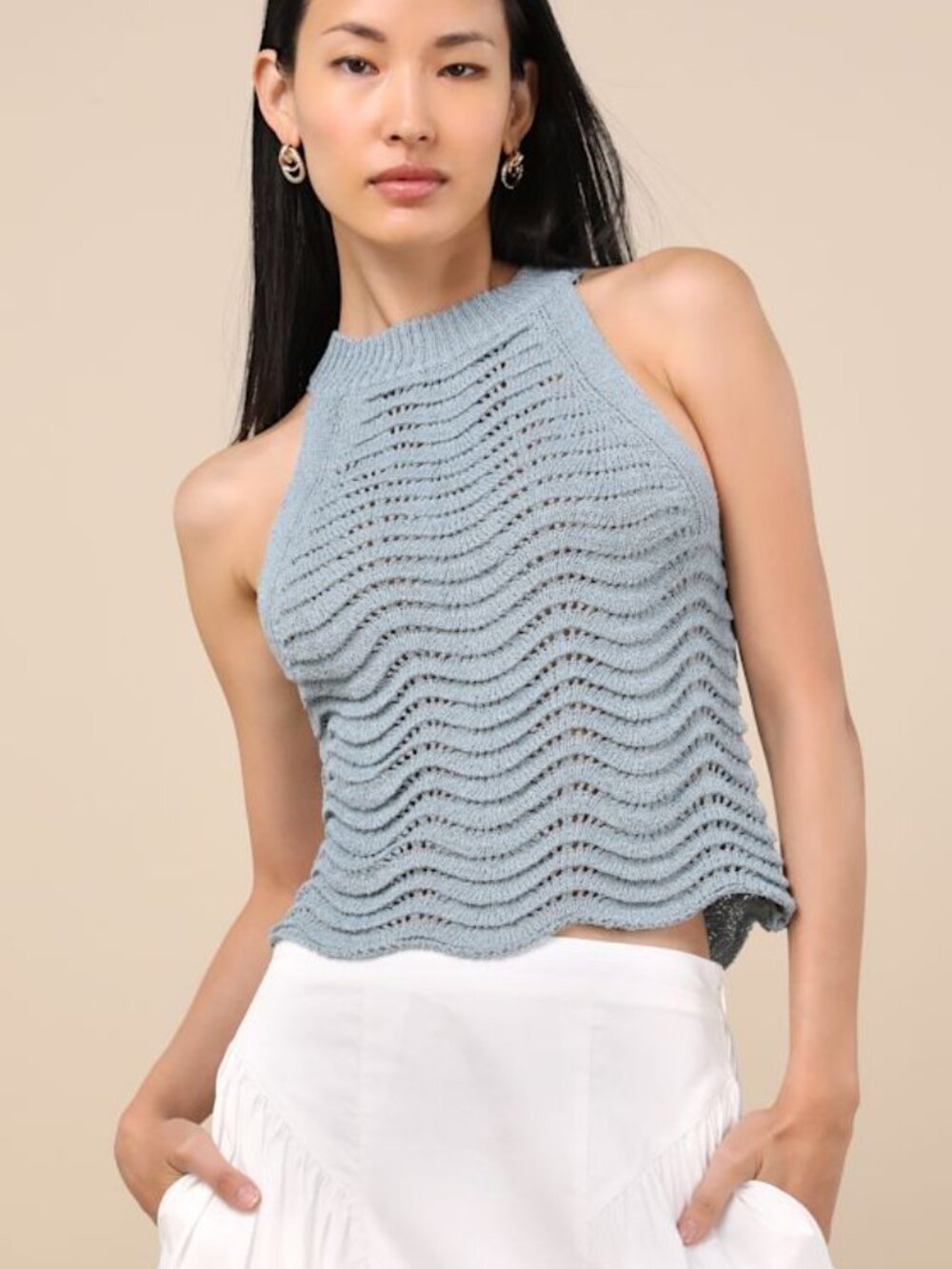 Lulus Calee Slate Blue Pierced Knit Sleeveless Sweater Top - Size S